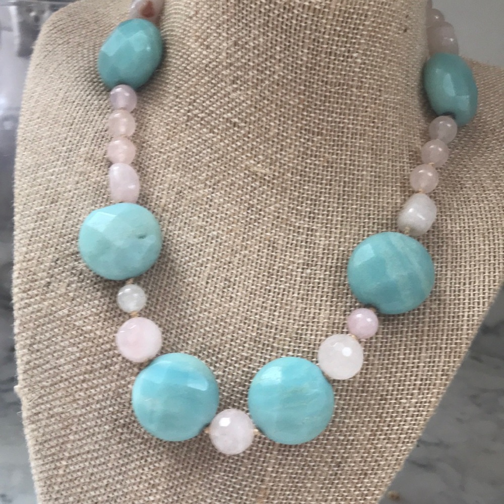 Large faceted cut Amazonite with Rose quartz